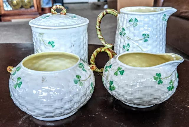 Belleek Shamrock Basket Weave Lot 4 Creamer Sugar Pitcher Jam Jar 5th Green Mark