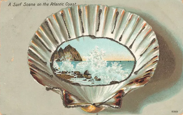 Surf Ocean Scene On Atlantic Coast Vintage Greeting Postcard 1906 Scallop Shell