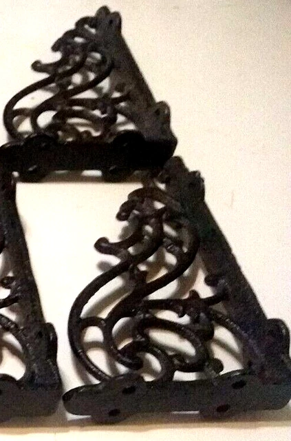 Wall Shelf Brace Brackets Cast Iron 4 1/4" x 3 1/4"  Brown with Screws Set of 2 3