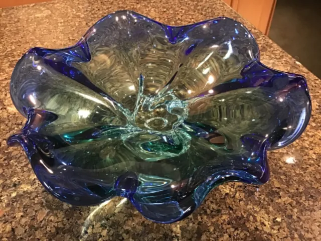Large Heavy Art Glass Hand Blown Bowl, Blue and Green and Gorgeous, PRISTINE