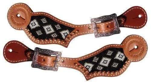 Showman Leather Spur Straps w/ Black, Gold & White Navajo Beaded Inlay