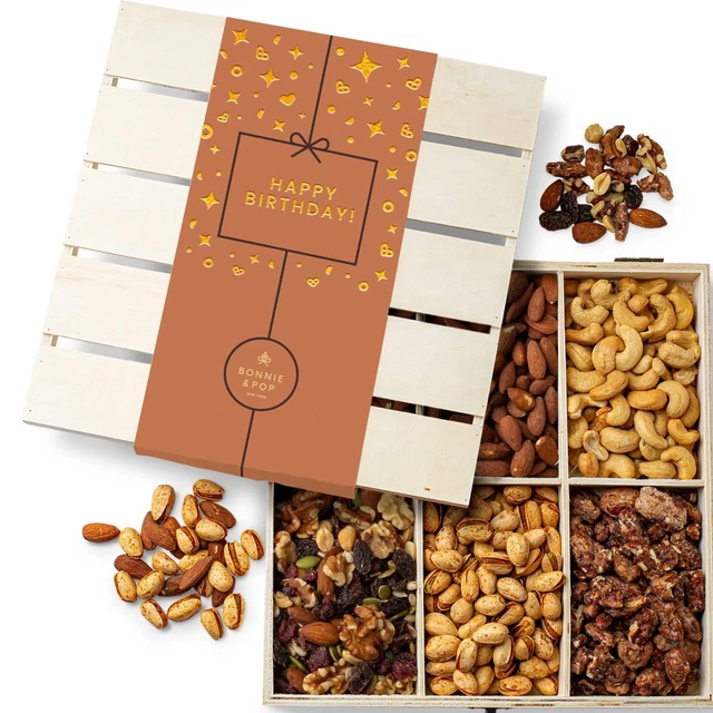 Cesta de regalo de comida de cumpleaños feliz, bandeja de regalo de nueces saludables, merienda de cumpleaños en