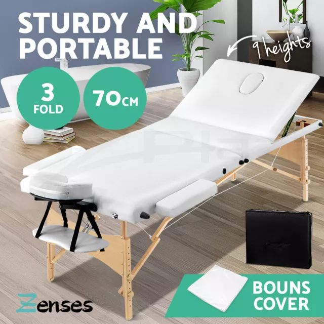 Zenses Massage Table 70cm Portable 3 Fold Wooden Beauty Waxing Therapy Bed White