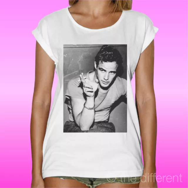 T-Shirt Bianca Donna " Young Marlon Brando Smoke " Idea Regalo Road To Happiness