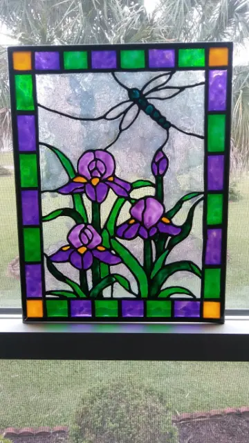Dragonfly and Purple Irises Stained Glass Window Panel Hand Painted