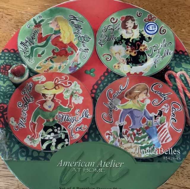 American Atelier At Home Christmas Dessert 8 " Plates Set of 4. Jingle Belles