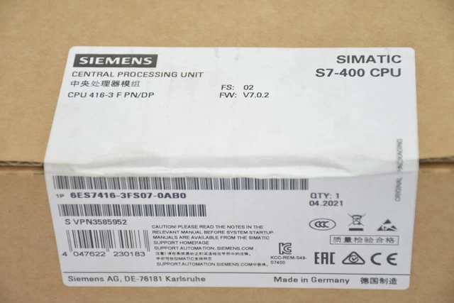 6Es7416-3Fs07-0Ab0 Cpu Simens Simatic S7-400 6Es7 416-3Fs07-0Ab0 Nuovo In Scatola