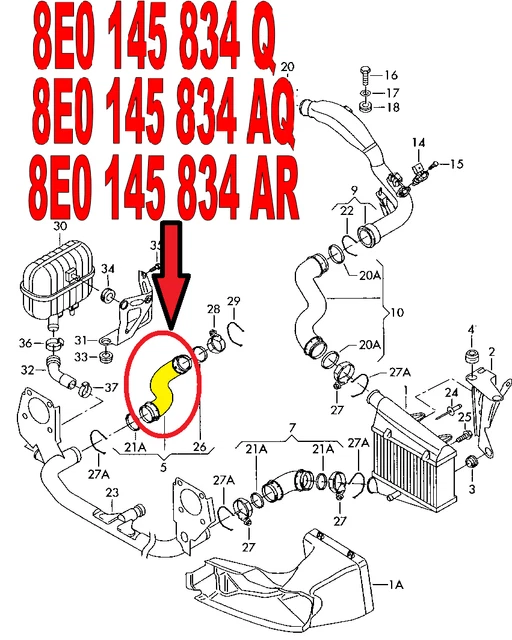 Tuyau De Turbo Pour Audi A4 8E2 B6 B7 - 1.9L 2.0L Diesel 2000-2009 Réf. 8E0145737E