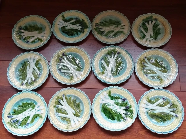 12 Antique French Majolica Asparagus Plate Salins 9.5"  Circa 1880