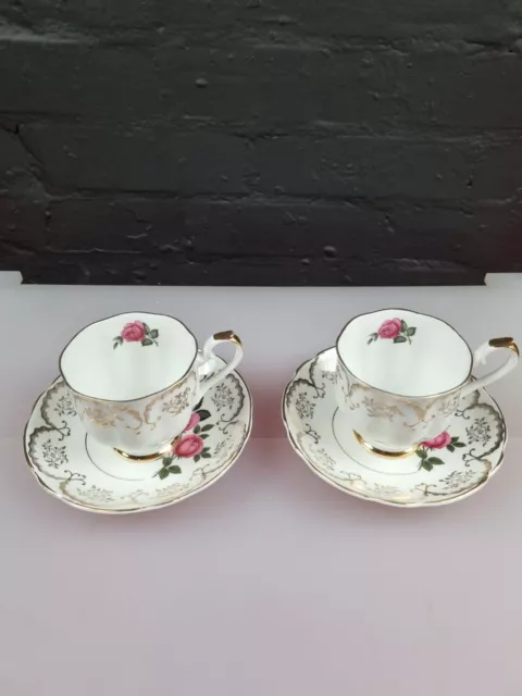 2 x Royal Imperial Bone China Pink Roses Breakfast Cups and Saucers Set