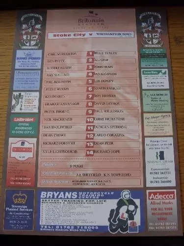 09/01/1999 Colour Teamsheet: Stoke City v Northampton Town (Folded). Item In ver