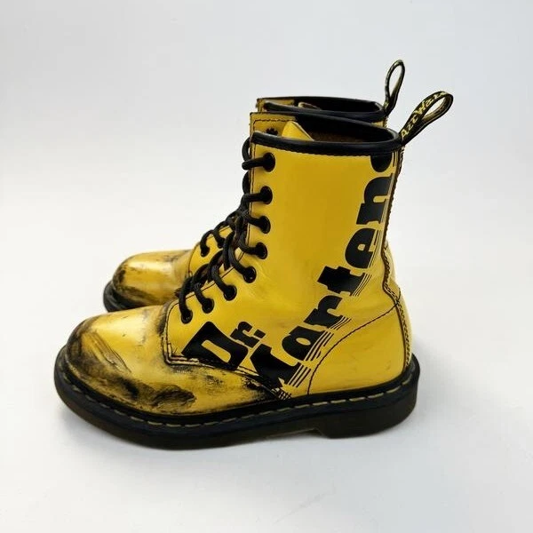 DR. DOC MARTENS 1460 Custom Yellow Black Boots Brand Logo Print 8