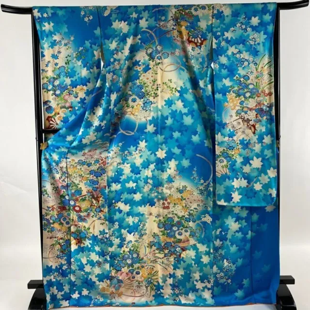 Japanese Kimono Furisode Pure Silk Flower Cart Gold Paint Light Blue