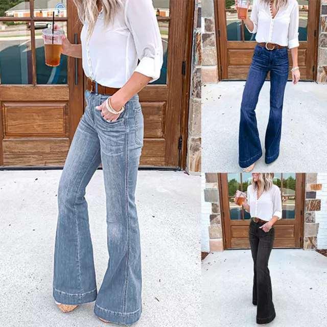 Womens High Waist Denim Jeans Stretch Bell Bottom Flare Pants Wide Leg Trousers