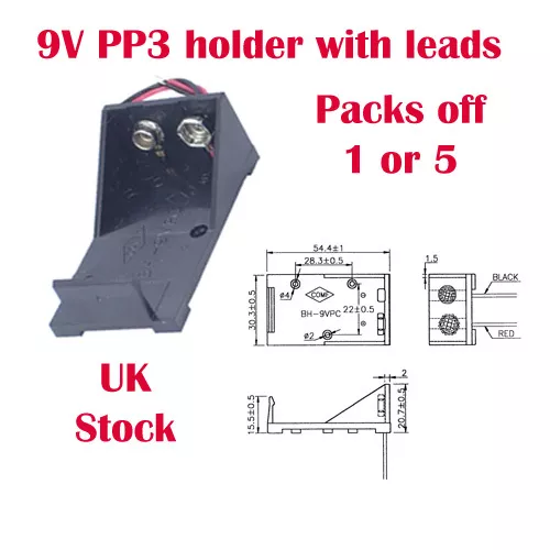 PP3 9V Battery Holder Box with Flying Leads BH-9VA packs of 1-5