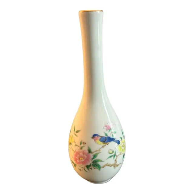 Vintage Otagiri Bud Vase Cream Porcelain Flower and Bird  Japan 7.75" Tall