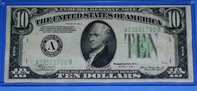 1934 $10 ~Frn A~Boston ! Light Green Seal, Vf. Circ. ! Old Us ! Nice! Sharp Note
