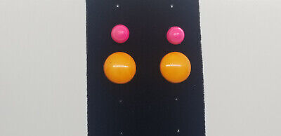 2 Pair Gumball Pink & Button Style Orange Vintage Plastic Earrings Retro 1980's