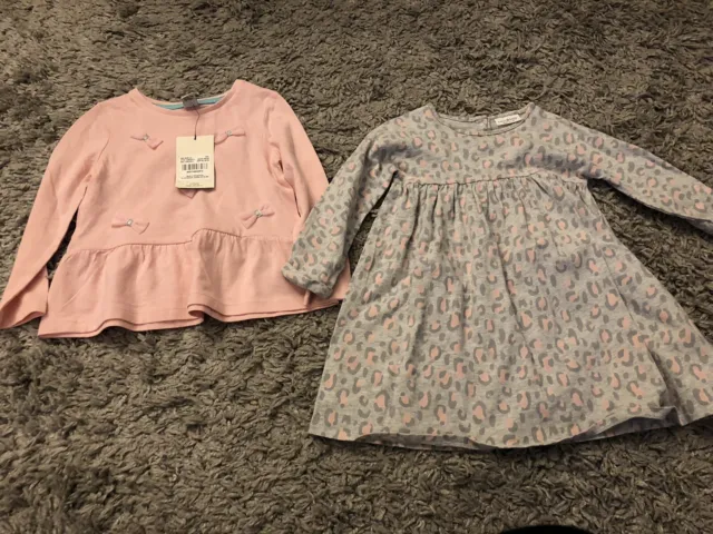 Tu / Next Baby Girls Pink Bow Top & Animal Print Dress Age 12-18 Months