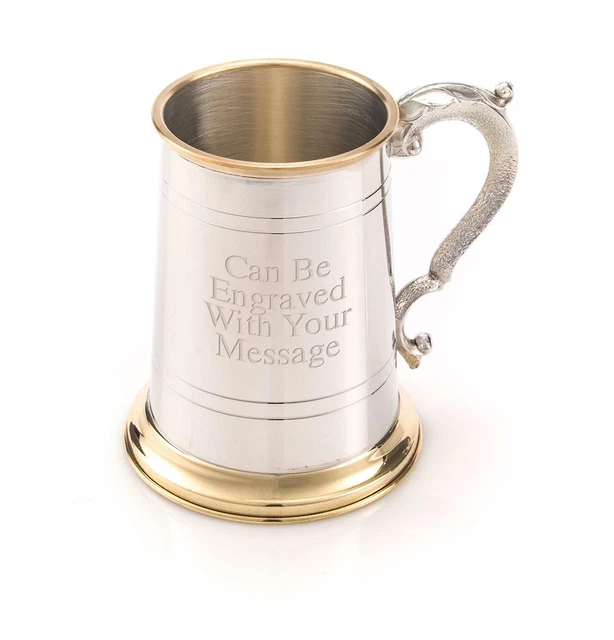 Personalised 1 Pint Pewter & Brass Tankard/Mug Georgian Handle - Custom Engrave