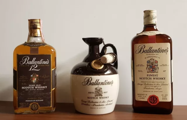 3 bottiglie Whisky Ballantines Ceramic, 12 years e Finest anni 60-70