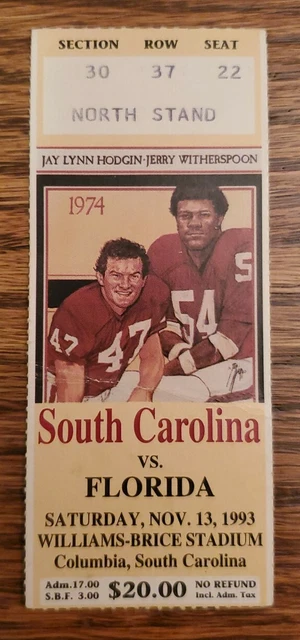 South Carolina Florida Gators Football Ticket Stub 11/13 1993 RB Ericct Rhett TD