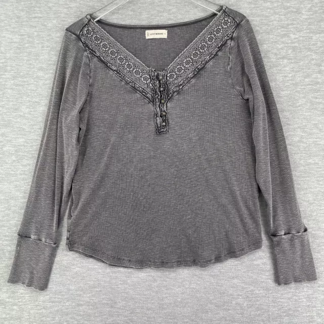 Lucky Brand Top Shirt XL Womens Long Sleeve Gray V-Neck Henley Crochet