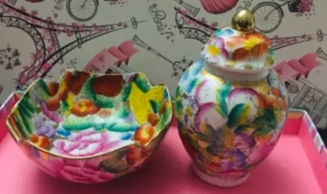 Ginger Jar And Bowl Vintage Famille Rose Porcelain Hand Painted With Gold Gilt