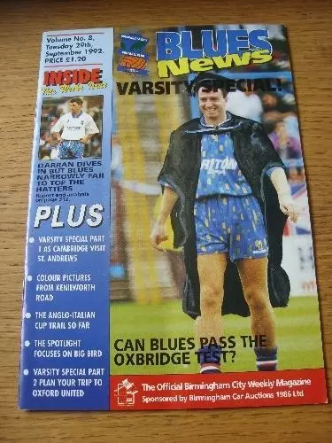 29/09/1992 Birmingham City v Cambridge United [Anglo-Italian Cup] (Slight Fold).