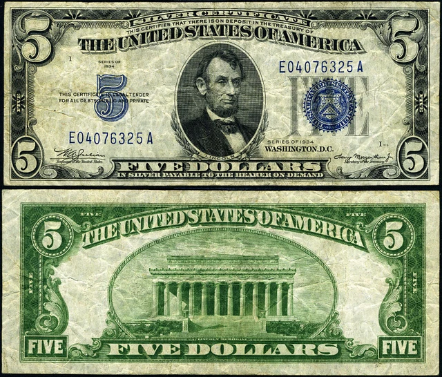FR. 1650 $5 1934 Silver Certificate Non-Mule E-A Block VF