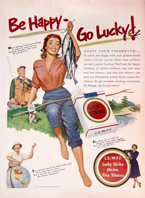 1950s~Lucky Strike Cigarettes~Luckies~Happy Lady Trout Fishing~Vintage Print Ad