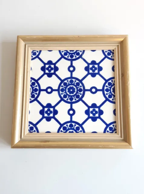 Original Framed Blue and White Symmetrical Islamic Pattern Mintons Tile -