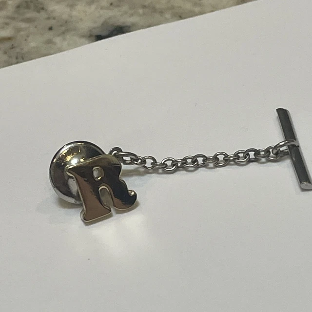 Vintage Men’s Tie Tack Pin With Chain Two Tone Letter / Initial R
