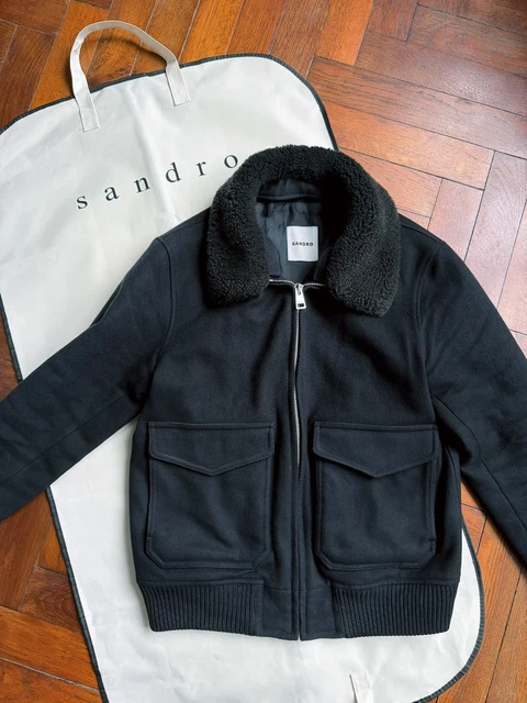 black sandro blouson aviateur SANDRO VESTE AVIATOR jacket blouson laine cachemire S small bomber black  Paris EUR 200,00 PicClick FR