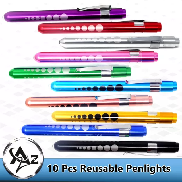 Set of 10 Reusable NURSE Aluminum Penlight Pocket Medical LED with Pupil Gauge
