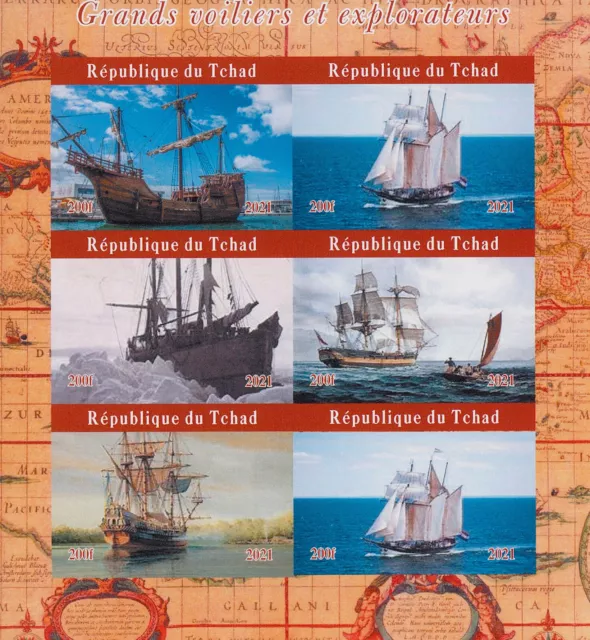 Chad 2021 MNH Tall Ships Stamps Exploration Explorers Nautical 6v IMPF M/S