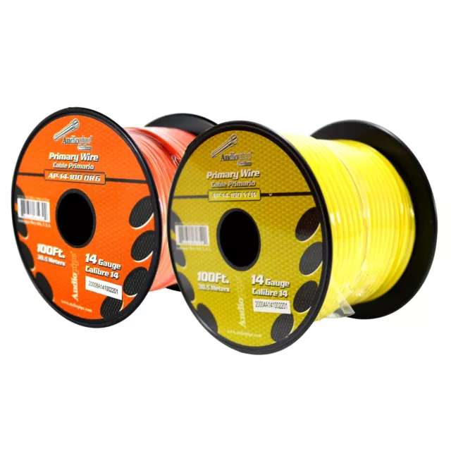 Bote de cable remoto de alimentación a tierra primaria Audiopipe (2)14ga 100 ft CCA amarillo/naranja