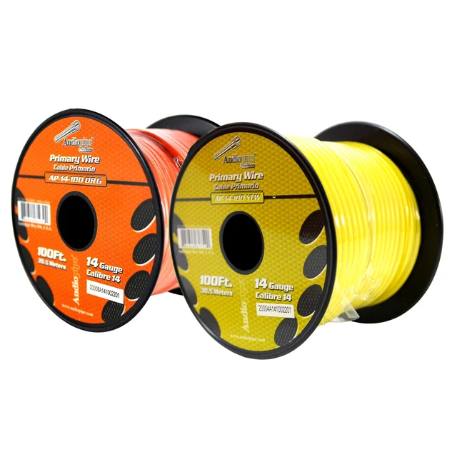 Bote de cable remoto de alimentación a tierra primaria Audiopipe (2)14ga 100 ft CCA amarillo/naranja