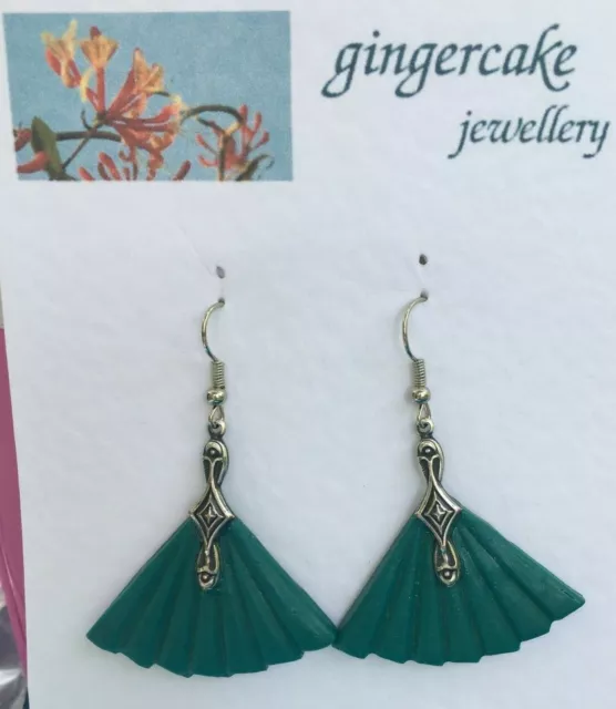 Lovely Art Deco Style Green Acrylic Fan Silver Plated Drop Earrings Hook