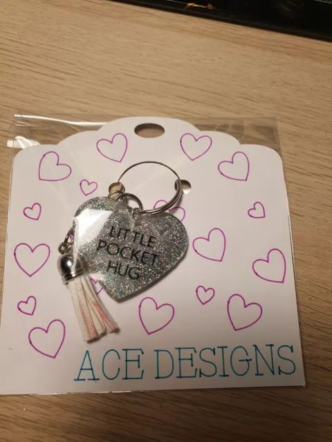 Hand Made, Little Pocket Hug, Keyring Gift SILVER glitter + black/white writing.