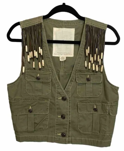 Ralph Lauren Denim & Supply Vest Size M Fishing Utility Leather Fringe Beads