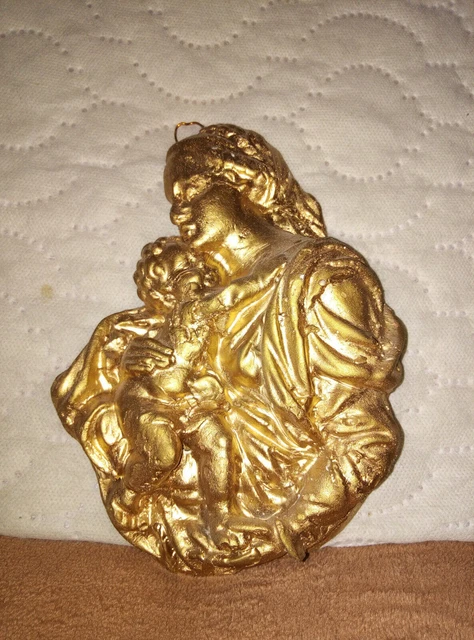 Vintage hand made plaster wall hanging figurine Virgin Mary Christ Child