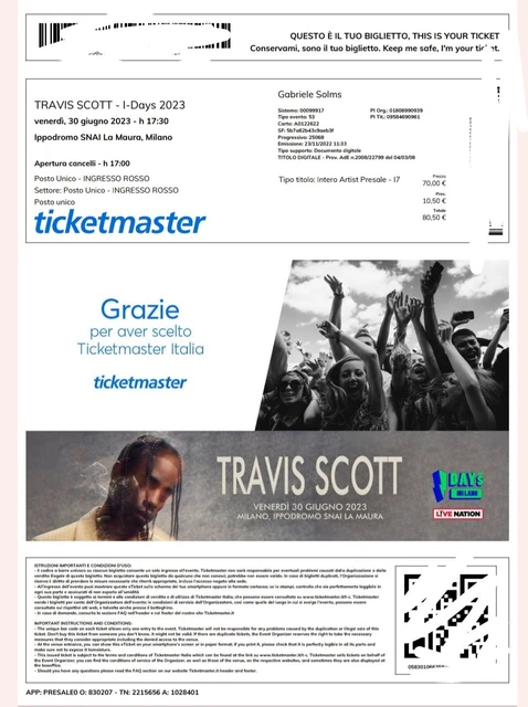 biglietto travis scott VEDI DESCRIZIONE 30/06 Ippodromo Snai La Maura Milano