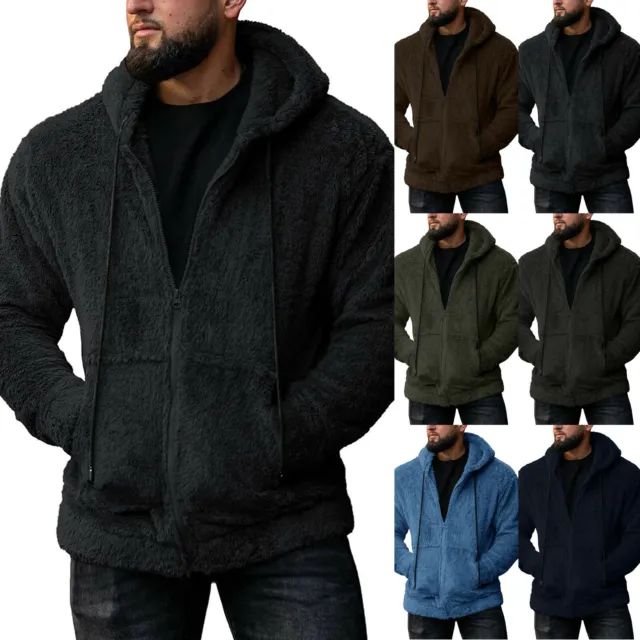 Men's Fleece Hoodie Zip Sweatshirt Coat Hooded Winter Warm Outwear Pocket Coats