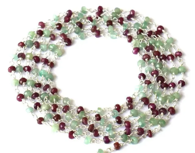 Solid 925 Silver Link Chain - 1 Foot - Ruby & Emerald Gemstone Beads #D1976