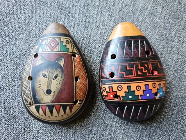 2 Peruvian Art Ocarina Whistle Clay Flute Hand Made Painted Musical Instruments