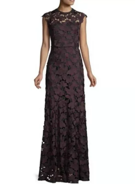 Shoshana Raven Floral Lace Long Evening Gown Black/Aubergn $660 New