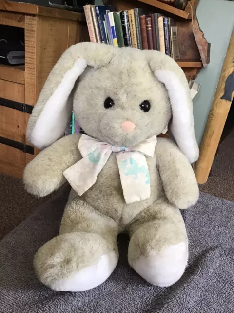 Vintage 1991 Dakin Grey Beige Bunny Rabbit Bow Soft Plush Toy 16" Easter