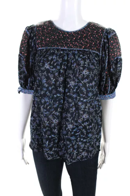 Ulla Johnson Womens Floral Patchwork Pleated Puff Tied Sleeve Blouse Blue Size 6