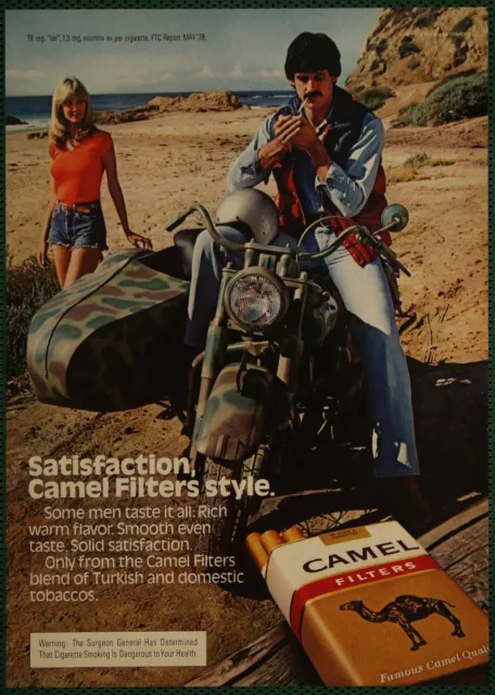 Camel Cigarettes Camo Motorcycle with Sidecar Couple Beach Vintage Print Ad 1980